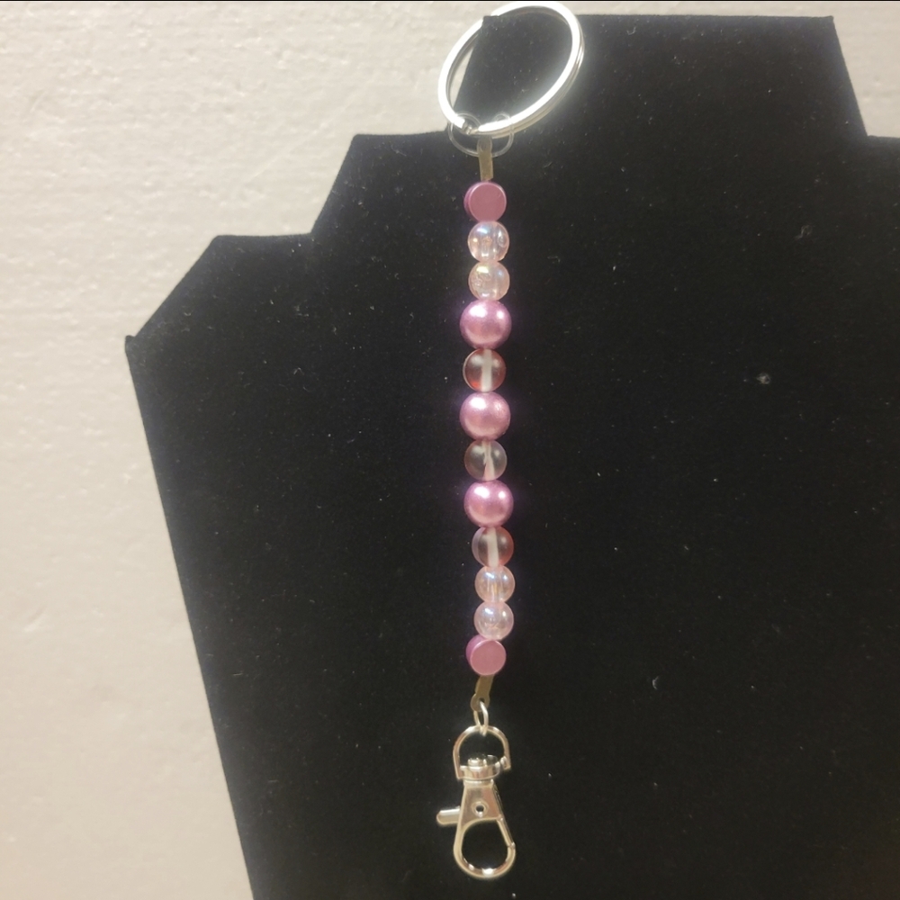 Hand Crafted Silver, Pink, and Clear Bead and Pink Disk Key Chain